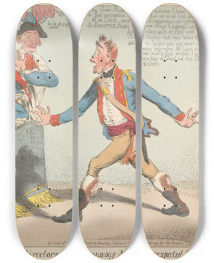 Triptych art skateboard deck of Charles Ansell A Messenger From The Nile Agreeable News For The Directory Or The Runaway Admirals Unexpected Arrival by Charles Ansell