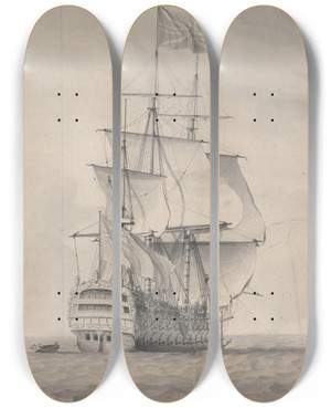 Triptych art skateboard deck of Charles Brooking The Flagship Of A Commander In Chief by Charles Brooking (1723-1759)