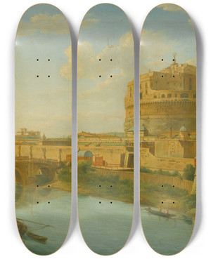 Triptych art skateboard deck of Hendrik Frans Van Lint Rome A View Of The Tiber With The Castel Sant Angelo And Ponte Santangelo Saint Peters Basilica Beyond by Hendrik Frans Van Lint (1684-1763)