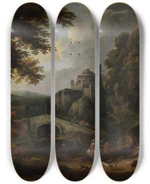 Triptych art skateboard deck of Pieter Verdussen Landschap Met Brug by Pieter Verdussen (1662-1710)