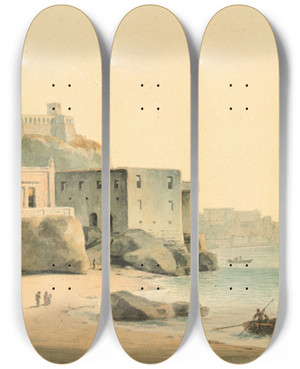 Triptych art skateboard deck of John Warwick Smith The Bay Of Naples From The Beach At Posillipo by John Warwick Smith (1749-1831)