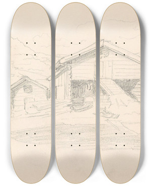 Triptych art skateboard deck of Adolph Tidemand Fra Tofte Gausdal by Adolph Tidemand (1814-1876)