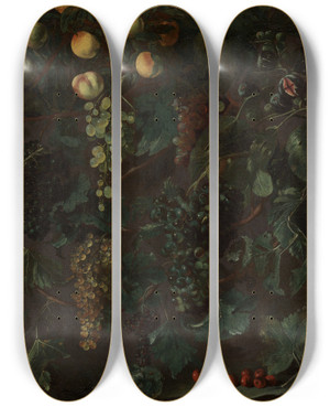 Triptych art skateboard deck of Bartolomeo Cavarozzi Grape Vines And Fruit With Three Wagtails by Bartolomeo Cavarozzi (1587-1625)