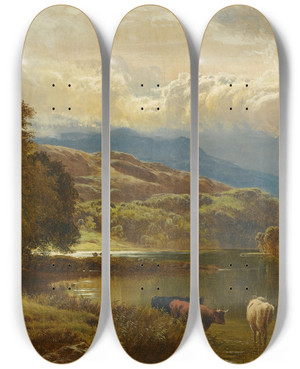 Triptych art skateboard deck of Sidney Richard Percy The Glastyn Near Beddgelert North Wales by Sidney Richard Percy (1821-1886)