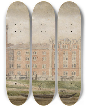 Triptych art skateboard deck of Vincenz Havlicek Rossauerkaserne by Vincenz Havlicek (1864-1914)