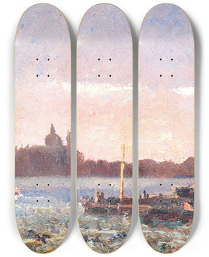 Triptych art skateboard deck of Beppe Ciardi Venice In The Background With Santa Maria Della Salute by Beppe Ciardi (1875-1932)