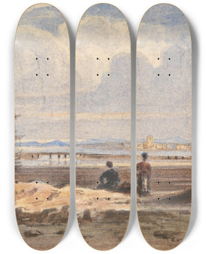 Triptych art skateboard deck of John Varley Seashore With Two Figures And A Distant Town by John Varley (1778-1842)