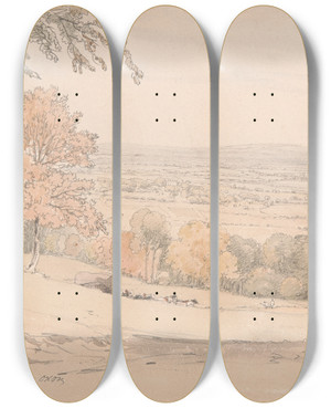 Triptych art skateboard deck of William Alfred Delamotte View From Stokenchurch Hill Buckinghamshire by William Alfred Delamotte (1775-1863)