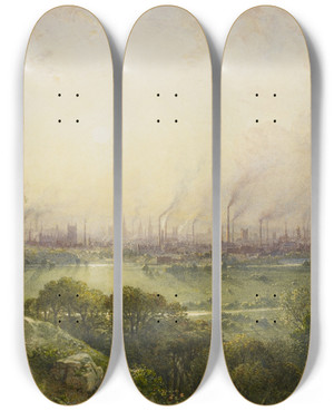 Triptych art skateboard deck of William Wyld Manchester From Kersal Moor With Rustic Figures And Goats by William Wyld (1806-1889)