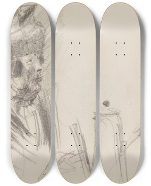 Triptych art skateboard deck of Georges Hugo Personnage En Buste Devant Une Cafetire by Georges Hugo (1868-1925)