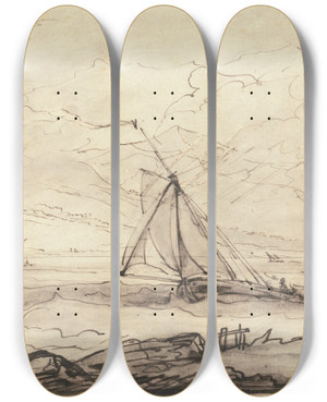 Triptych art skateboard deck of Benjamin West A Squall Off A Mountainous Coast by Benjamin West (1738-1820)