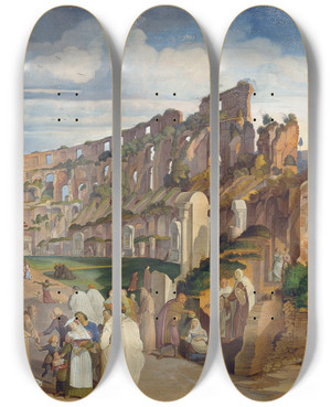 Triptych art skateboard deck of Johann Anton Ramboux Capuchin Sermon At The Colosseum Of Rome by Johann Anton Ramboux (1790-1866)