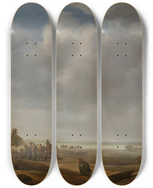 Triptych art skateboard deck of Simon De Vlieger A Beach Scene With Fishermen Displaying Their Catch_2 by Simon de Vlieger (1601-1653)
