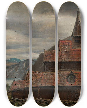 Triptych art skateboard deck of Knud Baade Urnes Stave Church In Sogn by Knud Baade (1808-1879)