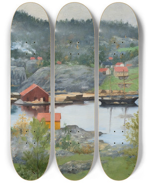 Triptych art skateboard deck of Sofie Werenskiold Fiord Landscape by Sofie Werenskiold (1849-1926)