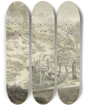 Triptych art skateboard deck of Willem Uppink Duinlandschap Met Houten Brug by Willem Uppink (1757-1849)