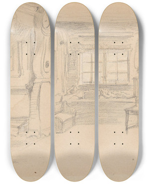 Triptych art skateboard deck of Adolph Tidemand Interir Med Gulvklokke Mora by Adolph Tidemand (1814-1876)