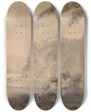 Triptych art skateboard deck of William Gilpin Two Figures On A Road By A Lake by William Gilpin (1724-1804)