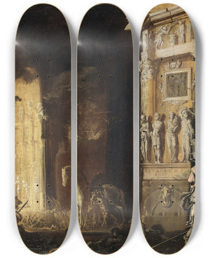 Triptych art skateboard deck of Franois De Nom The Burning Of Troy With The Flight Of Aeneas And Anchises by Franois de Nom (1593-1644)