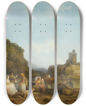 Triptych art skateboard deck of Philip James De Loutherbourg A Sea Port In The Levant Morning by Philip James De Loutherbourg (1740-1812)