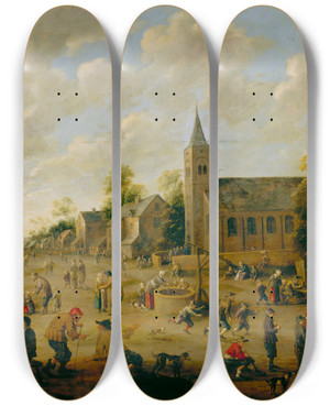 Triptych art skateboard deck of Joost Cornelisz Droochsloot A Village Festival by Joost Cornelisz Droochsloot (1586-1666)