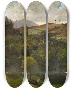 Triptych art skateboard deck of Alfred Wahlberg Southern Mountain Landscape by Alfred Wahlberg (1834-1906)