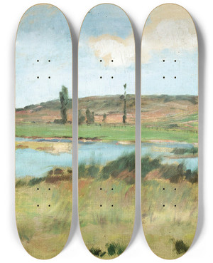 Triptych art skateboard deck of Mile Friant Landscape With A Pond by mile Friant (1863-1932)