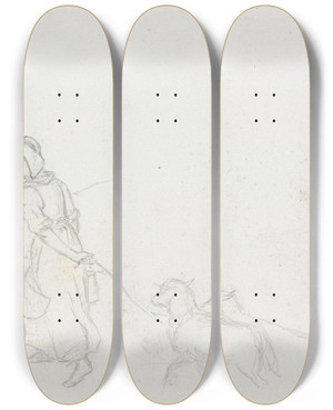 Triptych art skateboard deck of Hans Gude Ung Kvinne Med Hunder Rgen by Hans Gude (1825-1903)