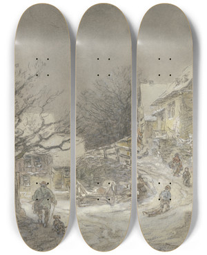 Triptych art skateboard deck of Anton Burger Winteransicht Von Falkenstein by Anton Burger (1824-1905)