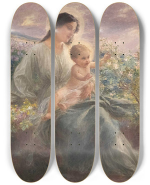 Triptych art skateboard deck of Emil Czech Madonna Mit Kind Am Wegrand by Emil Czech (1862-1929)