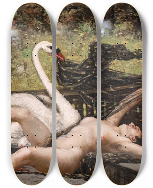 Triptych art skateboard deck of Jeanbaptiste Cariven Leda And The Swan by Jean-Baptiste Cariven (1843-1904)
