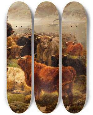 Triptych art skateboard deck of William Rc Watson Highland Cattle by William R C Watson