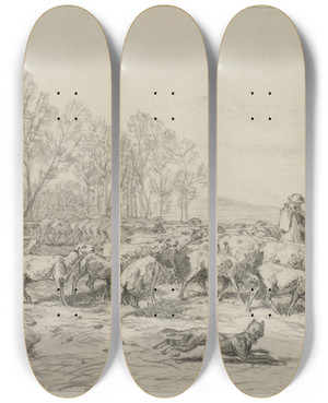 Triptych art skateboard deck of Charles Emile Jacque Landscape With A Flock Of Sheep by Charles Emile Jacque (1813-1894)