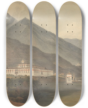 Triptych art skateboard deck of Samuel Davis The Palace Of The Deib Rajan At Tassisudon by Samuel Davis (1757-1819)