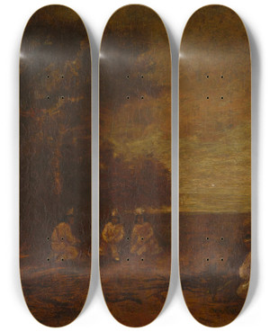 Triptych art skateboard deck of Ralph Albert Blakelock Moonlit Landscape Withindians by Ralph Albert Blakelock (1847-1919)