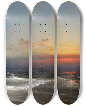 Triptych art skateboard deck of James Hamilton Evening On The Seashore Sunset Breakers Philadelphia Harbor by James Hamilton (1819-1878)