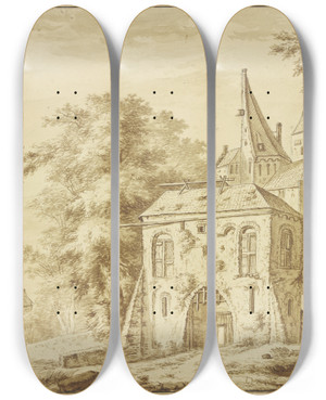 Triptych art skateboard deck of Abraham Rademaker City Gate With Portcullis by Abraham Rademaker (1675-1735)