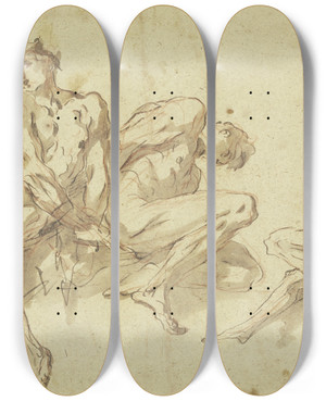 Triptych art skateboard deck of Gaspare Diziani Four Slaves_2 by Gaspare Diziani (1689-1767)