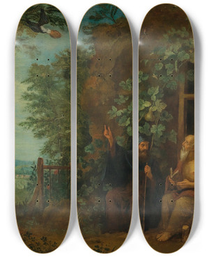 Triptych art skateboard deck of Balthasar Beschey The Hermits Paulus And Antonius In A Landscape Fed By A Raven by Balthasar Beschey (1708-1776)
