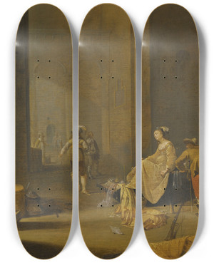 Triptych art skateboard deck of Jacob Duck An Interior Of A Guardroom by Jacob Duck (1600-1667)