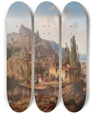 Triptych art skateboard deck of Paul Franken View Of Tiflis by Paul Franken (1818-1884)