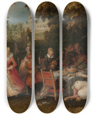 Triptych art skateboard deck of David Vinckboons Garden Party Fte Champtre by David Vinckboons (1576-1629)