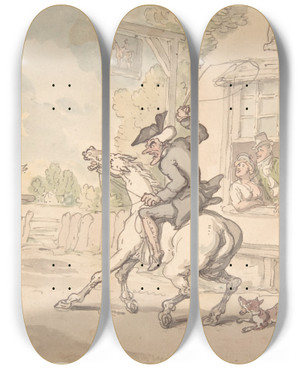 Triptych art skateboard deck of Thomas Rowlandson Dr Syntax With A Balky Horse Before An Inn by Thomas Rowlandson (1756-1827)