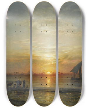 Triptych art skateboard deck of Ernest Karl Eugen Koerner Twilight On The Nile by Ernst Karl Eugen Koerner (1846-1927)