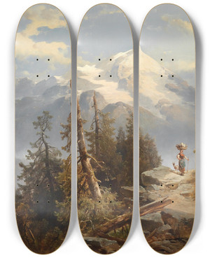 Triptych art skateboard deck of Josef Thoma Alpenlandschaft by Josef Thoma (1828-1899)