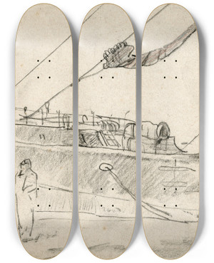 Triptych art skateboard deck of Adolf Le Comte Grote Zeilboot Aangemeerd Bij De Kade by Adolf Le Comte (1850-1921)