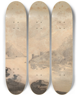 Triptych art skateboard deck of William Gilpin Mountainous Landscape With A River by William Gilpin (1724-1804)