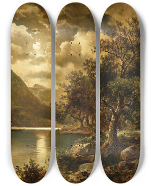 Triptych art skateboard deck of Josef Thoma A Moonlit Night On The Lakeside by Josef Thoma (1828-1899)