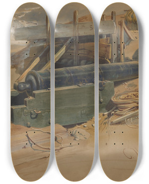 Triptych art skateboard deck of Carl Friedrich Heinrich Werner Cannon By A Bulwark by Carl Friedrich Heinrich Werner (1808-1894)