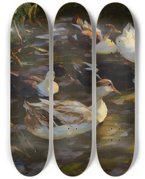 Triptych art skateboard deck of Alexander Koester Enten Im Teich Enten Am Bach by Alexander Koester (1864-1932)